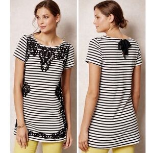 Anthropologie Postmark Striped Black and White Lace Accent tunic Top